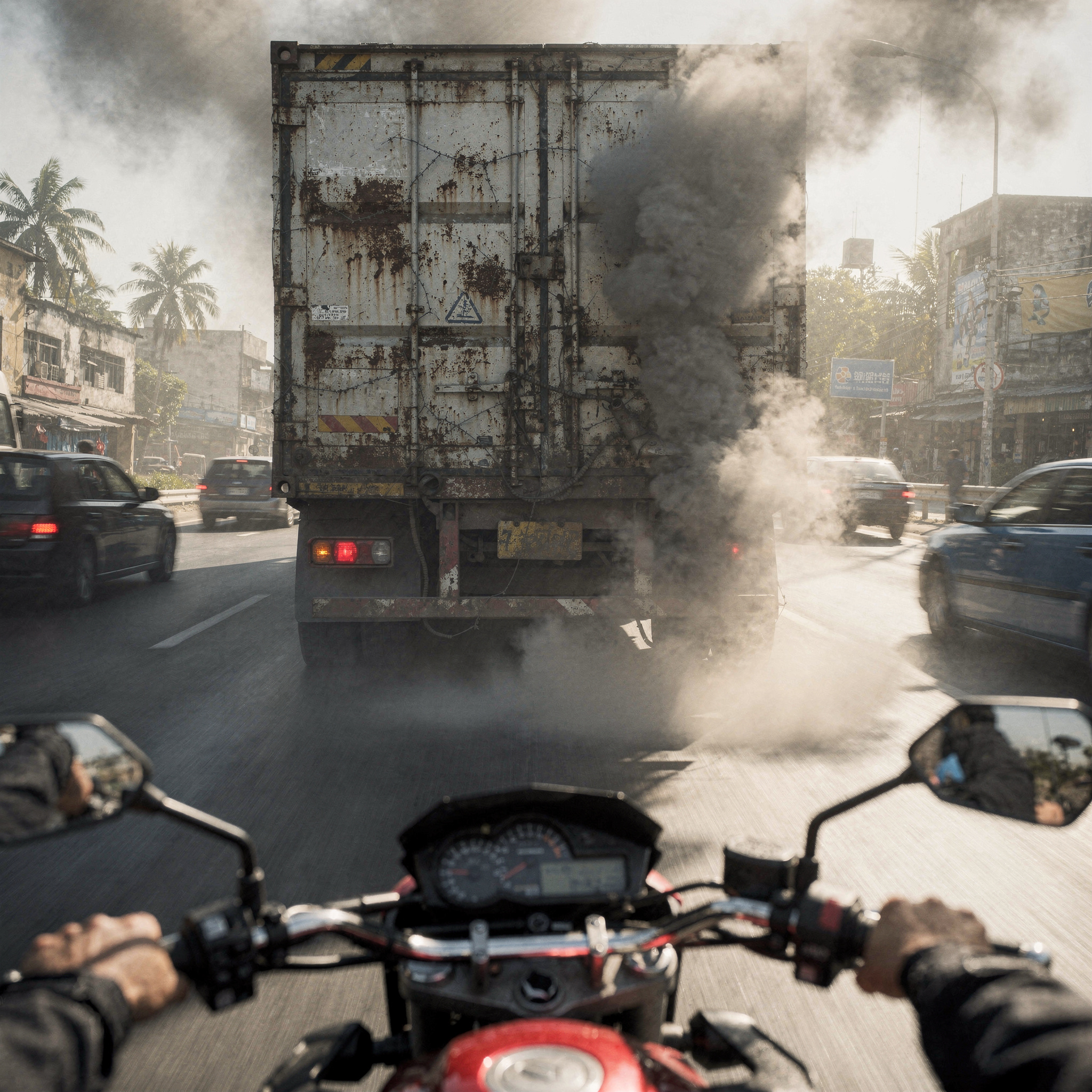 Motorcyclist behind a diesel truck billowing thick black smoke in heavy urban traffic