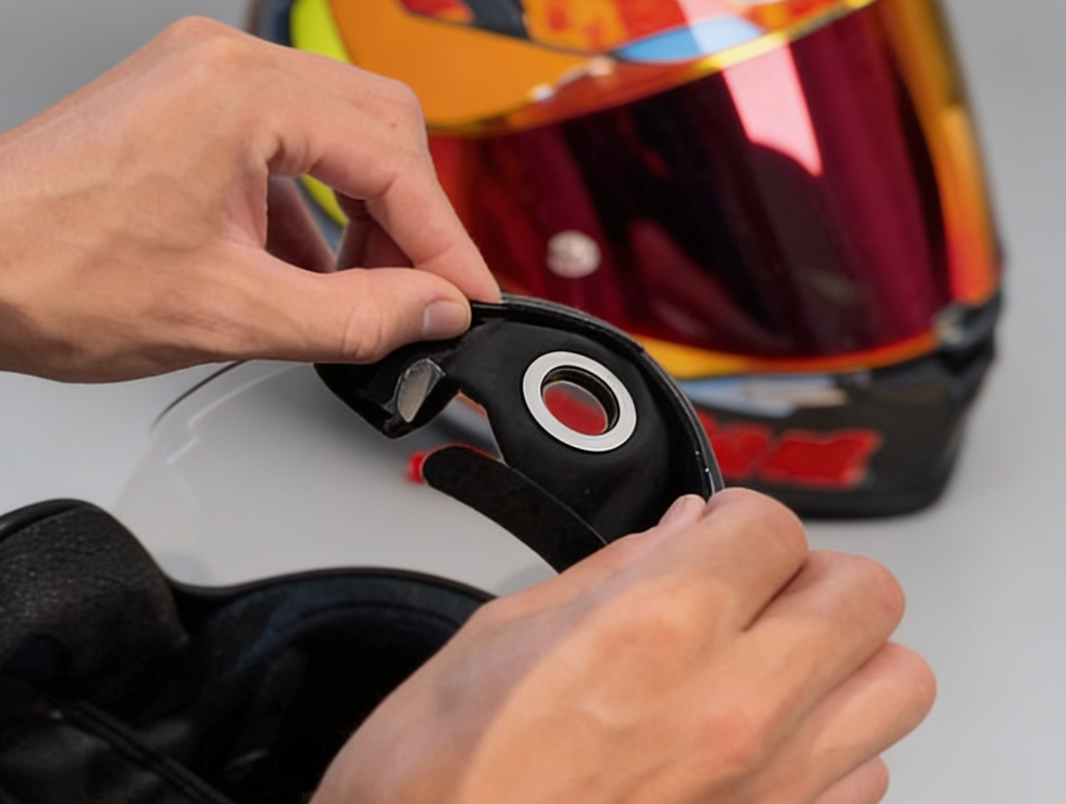 Pressing the magnet under the visor of a half-face helmet